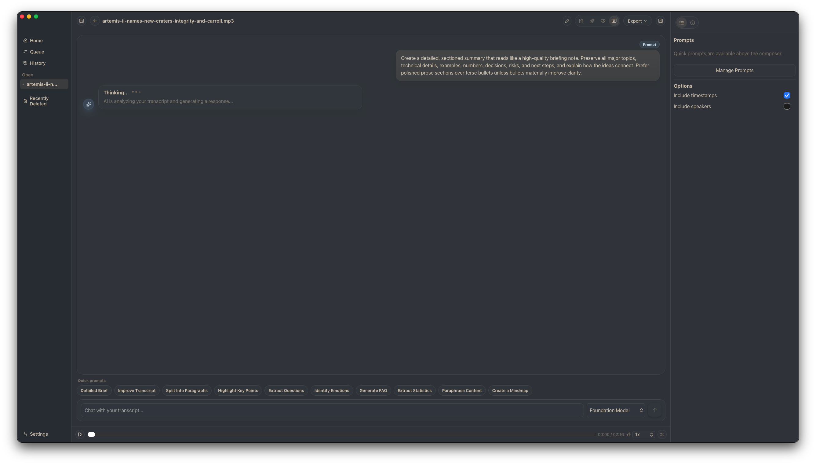 Chat interface for asking questions about transcript content