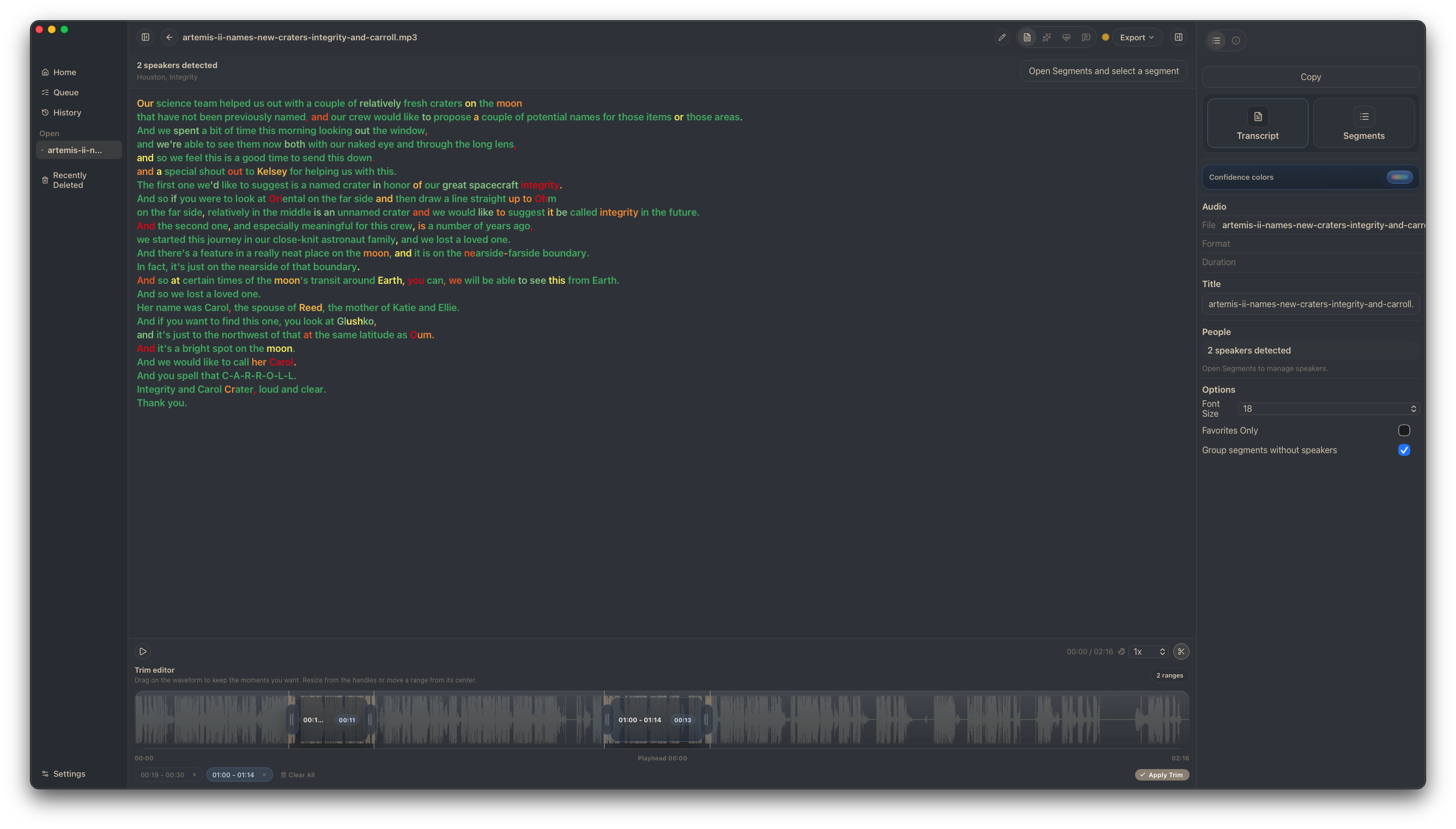 Transcript with color-coded confidence highlighting and audio waveform