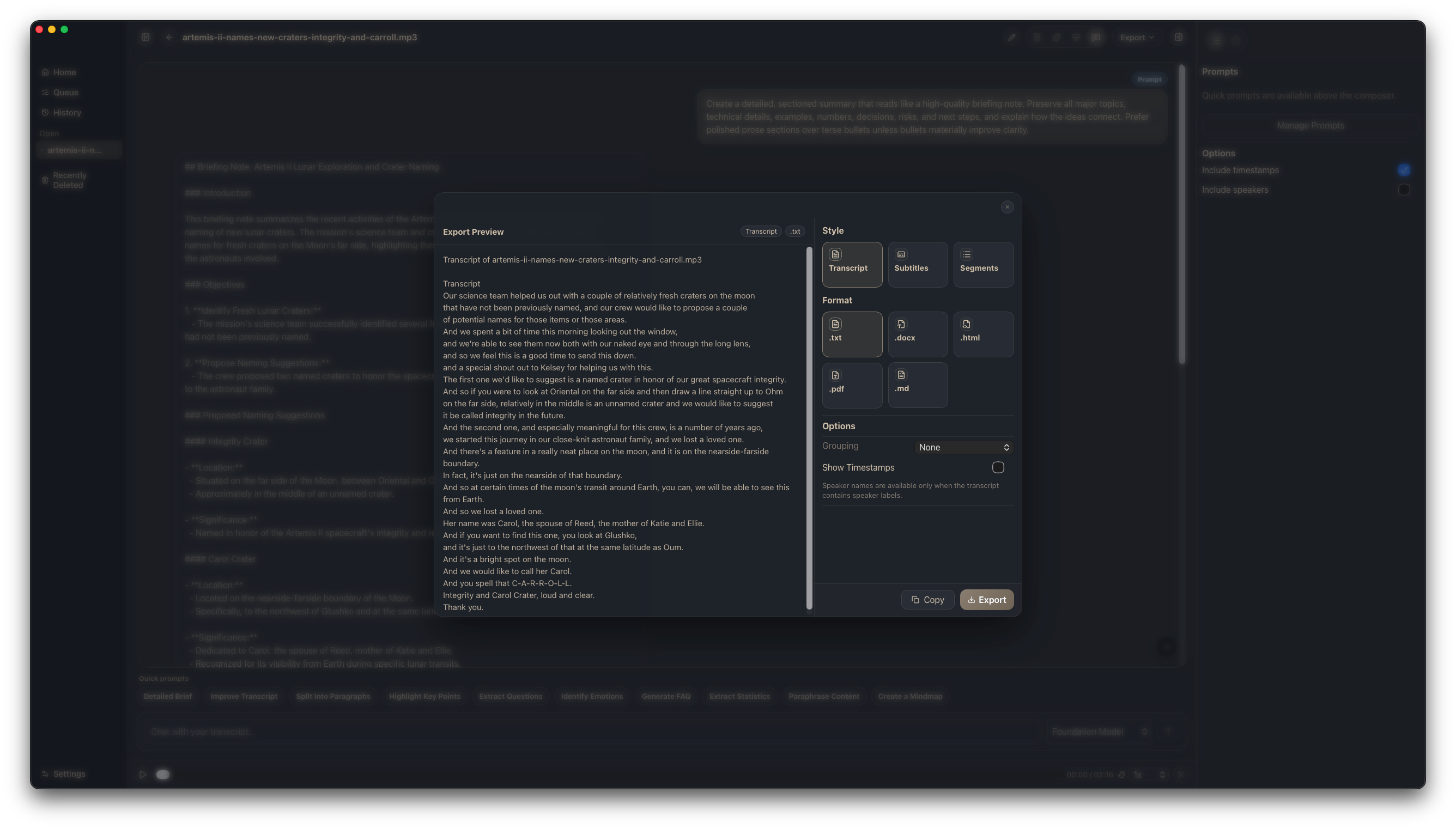 Export dialog with format options including DOCX, PDF, SRT, and more