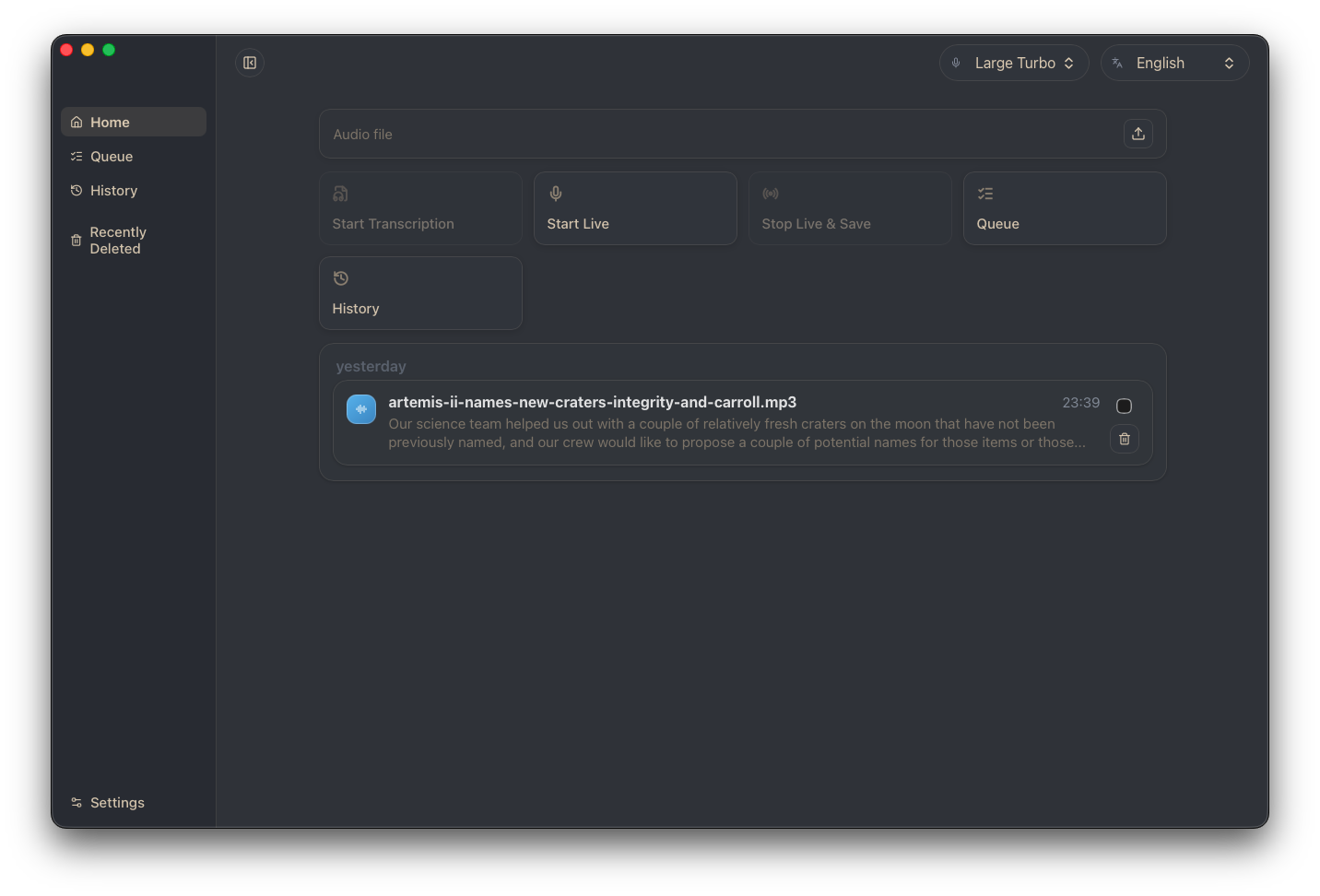 Sbobino home screen — import audio files and manage transcription history
