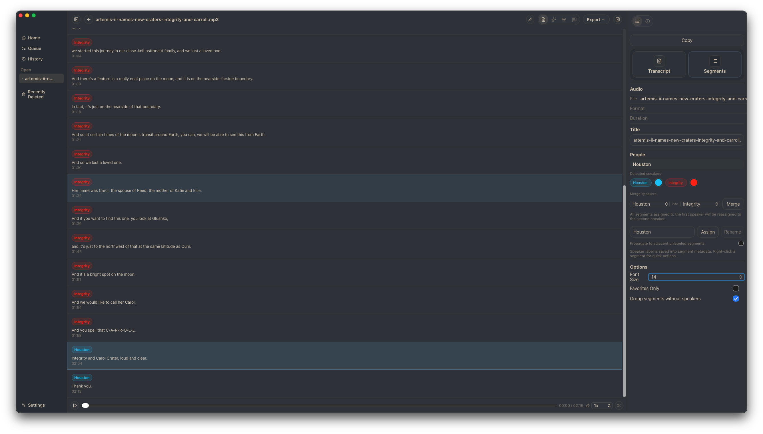 Speaker diarization view with labeled speakers and timestamped segments