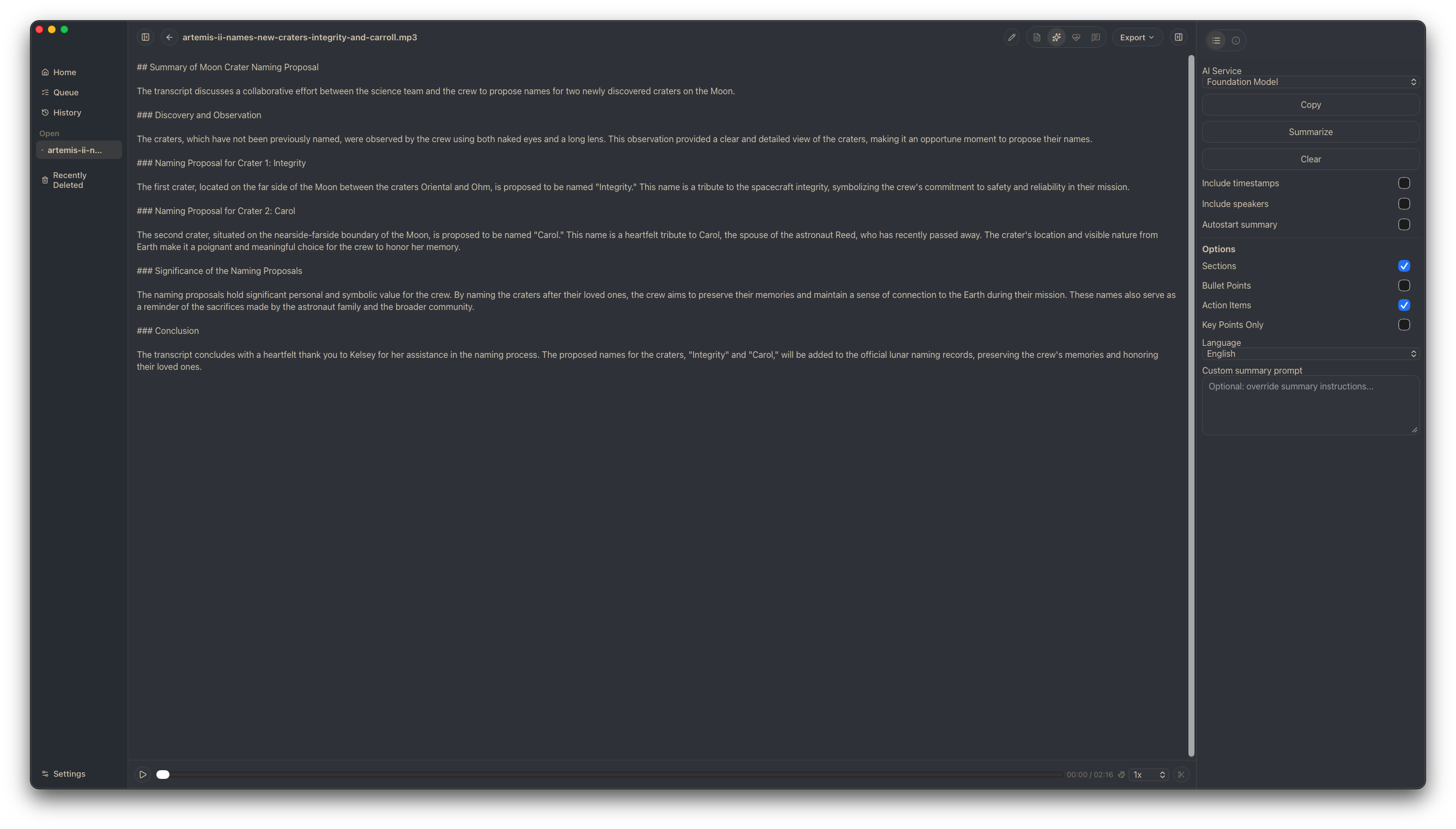 Sbobino summary view with structured narrative output