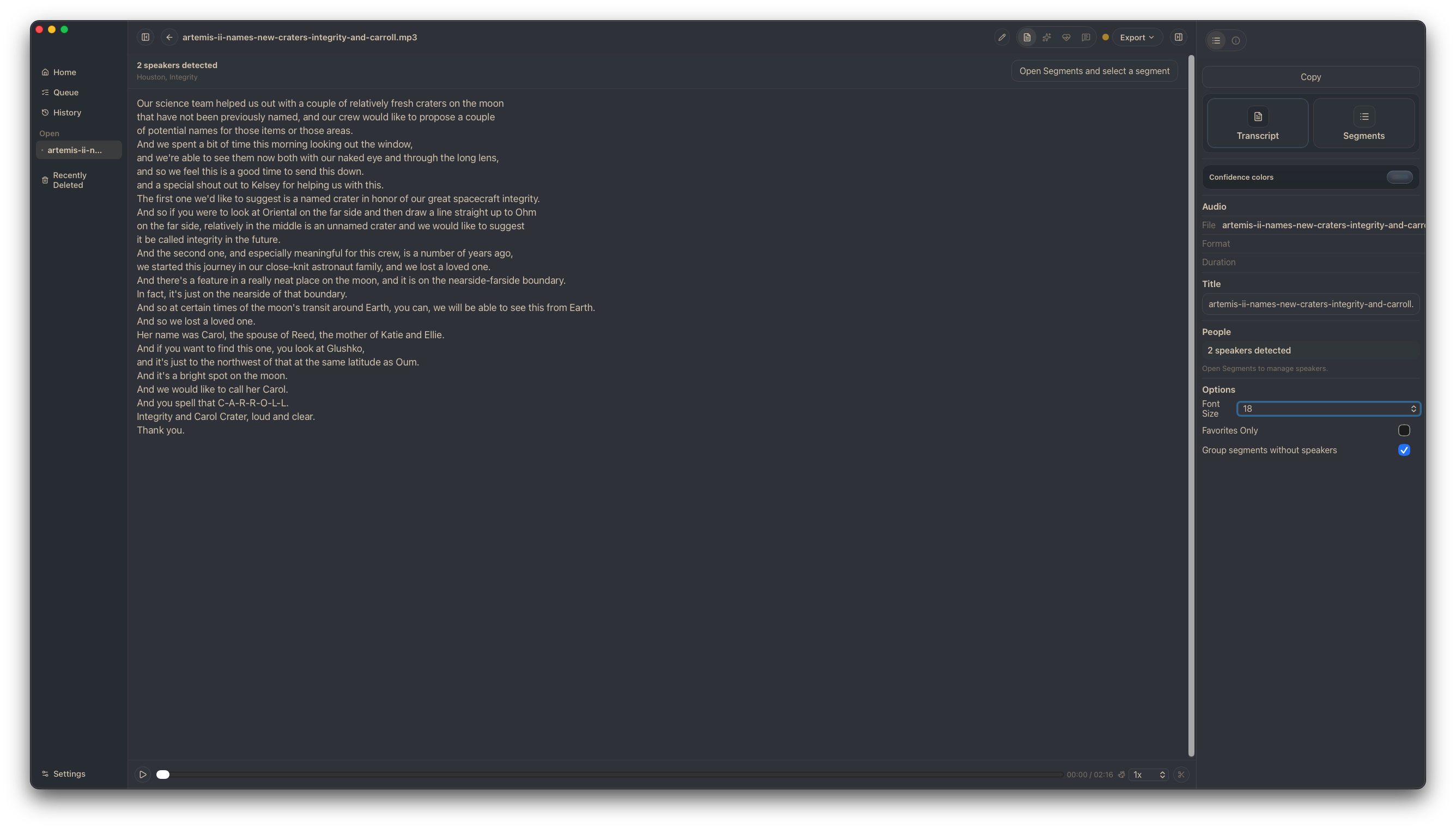 Sbobino transcript workspace with full text, speaker sidebar, and settings